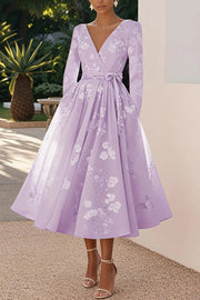 Floral Print V-neck Long Sleeve Tie Waist Elegant Midi Dress