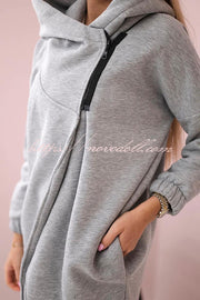 Solid Color Loose Hooded Zip-up Casual Sports Jacket