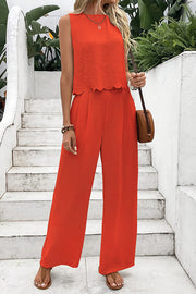 Solid Color Sleeveless Back Tie Vest and Elastic Waist Pocket Straight Pants Set