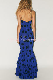 Eliora Mesh Polka Dot Print Gathered Bust Layered Fishtail Hem Maxi Dress