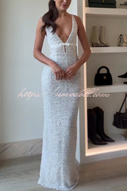 Festival Shines Sequin Beaded Mesh Bow Cutout Detail Slit Maxi Dress