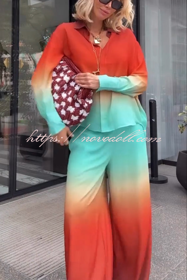 Neon Sunset Gradient Print Long Sleeve High Low Hem Blouse and Elastic Waist Loose Pants Set
