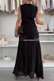 Stylish and Elegant Knit Spliced Tulle Elastic Waist Pleated Maxi Skirt