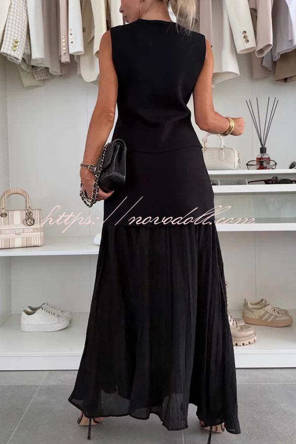 Stylish and Elegant Knit Spliced Tulle Elastic Waist Pleated Maxi Skirt