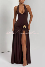 Solid Color Halter Neck Backless Slim Fit Pleated Slit Maxi Dress
