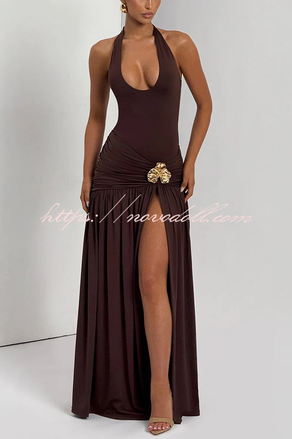 Solid Color Halter Neck Backless Slim Fit Pleated Slit Maxi Dress