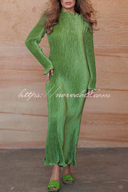 Hansin Satin Pleated Fabric Long Sleeve Wavy Trim H-line Slit Midi Dress
