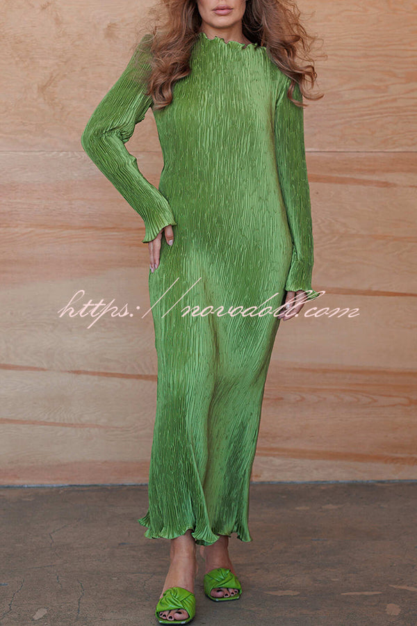 Hansin Satin Pleated Fabric Long Sleeve Wavy Trim H-line Slit Midi Dress