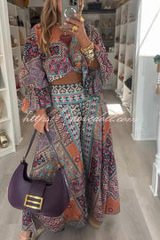 Unique Boho Ethnic Print Balloon Sleeve Crop Top and Elastic Waist Wide-leg Pants Set