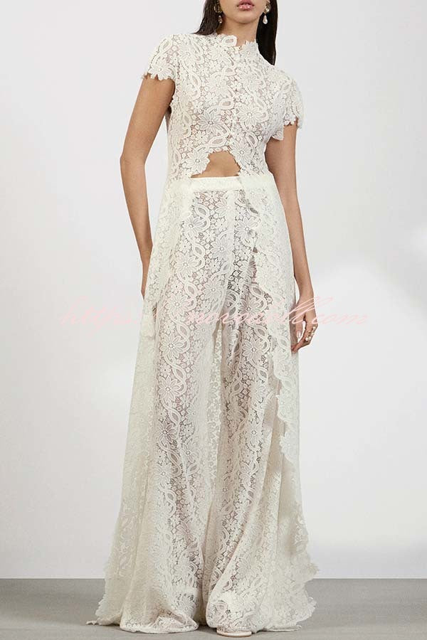 Elegant Personality Floral Lace Short Sleeve Front Slit Maxi Top