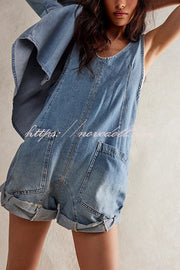 Stylish Loose Sleeveless Pocket Straps Adjustable Denim Rompers