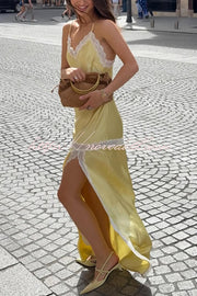 Sweet Trend Satin Lace Trim V-neck Slit Slip Maxi Dress