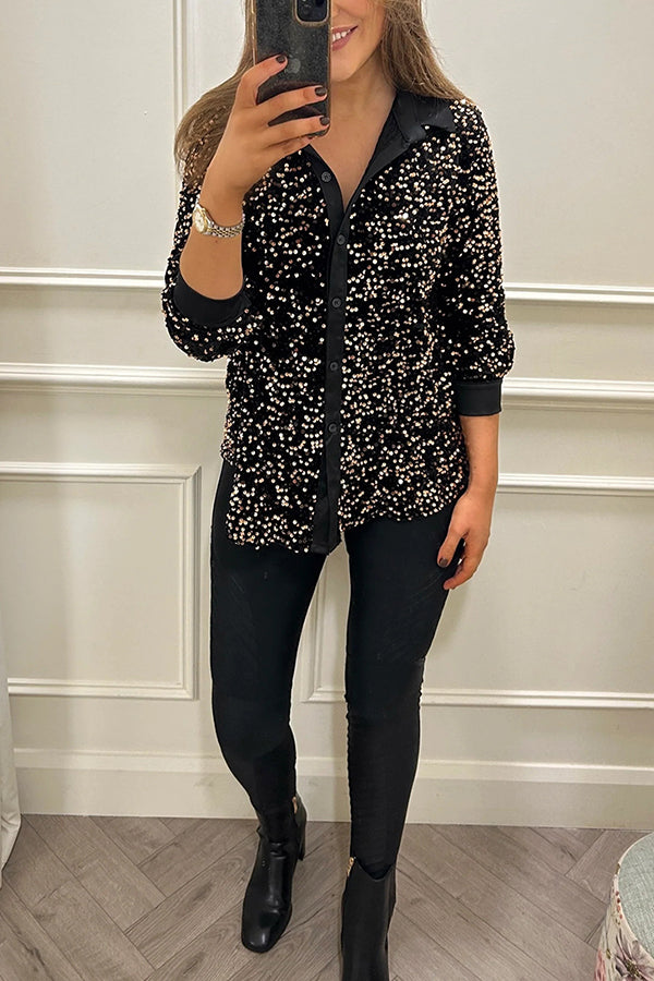 Fashion Velvet Sequined Loose Casual Long-sleeved Shirt