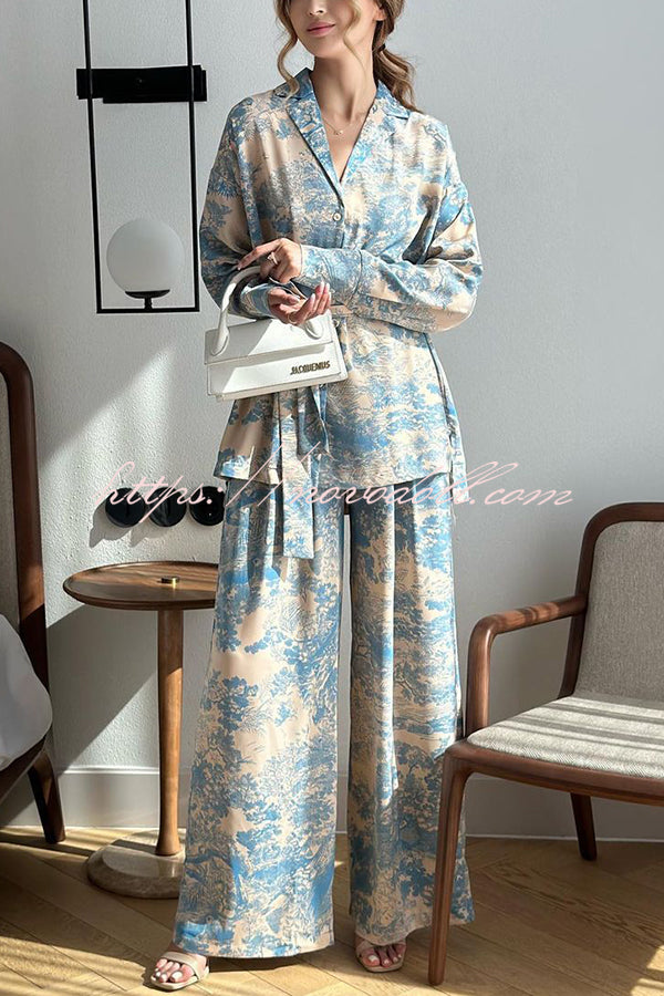 Unique Print Long-sleeved Tie Shirt and Elastic High-waist Wide-leg Pants Set