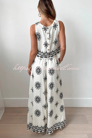 Unique Printed Round Neck Sleeveless Button Top and Elastic Waist Pocket Wide Leg Pants Set