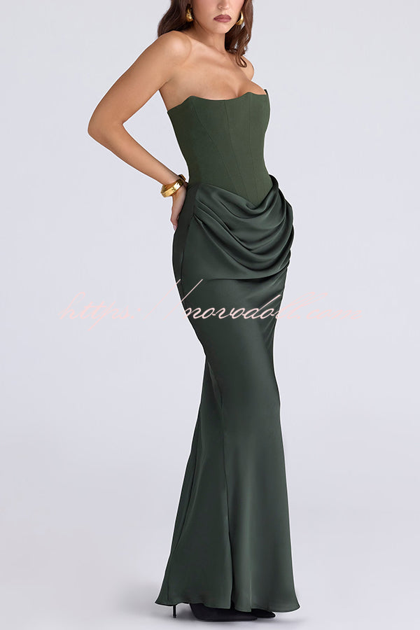 Attend The Gala Strapless Corset Satin Ruched Hip Drape Maxi Dress