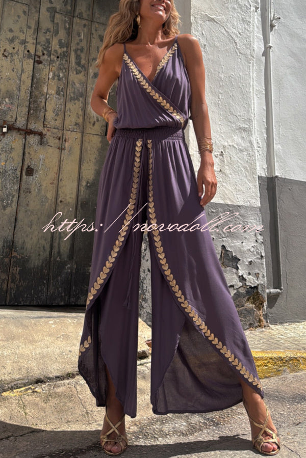 Tamia Gold Trim Elastic Waist Slit Wide Leg Slip Jumpsuit
