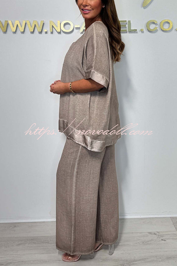 Fashionable V-neck Short-sleeved Loose Top and Elastic Waist Casual Wide-leg Pants Set