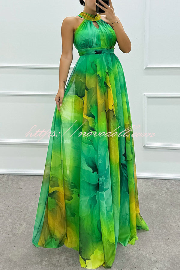 Elaine Tulle Floral Splash Print Cutout Halter Tie-up Neck Gown Maxi Dress