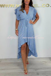 Resort Style V-neck Ruffle Sleeves Waist Tie Irregular Midi Dress