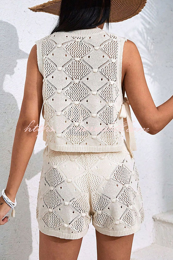 Solid Color Sleeveless Tie Knitted Vest and Loose Elastic Waist Drawstring Shorts Set