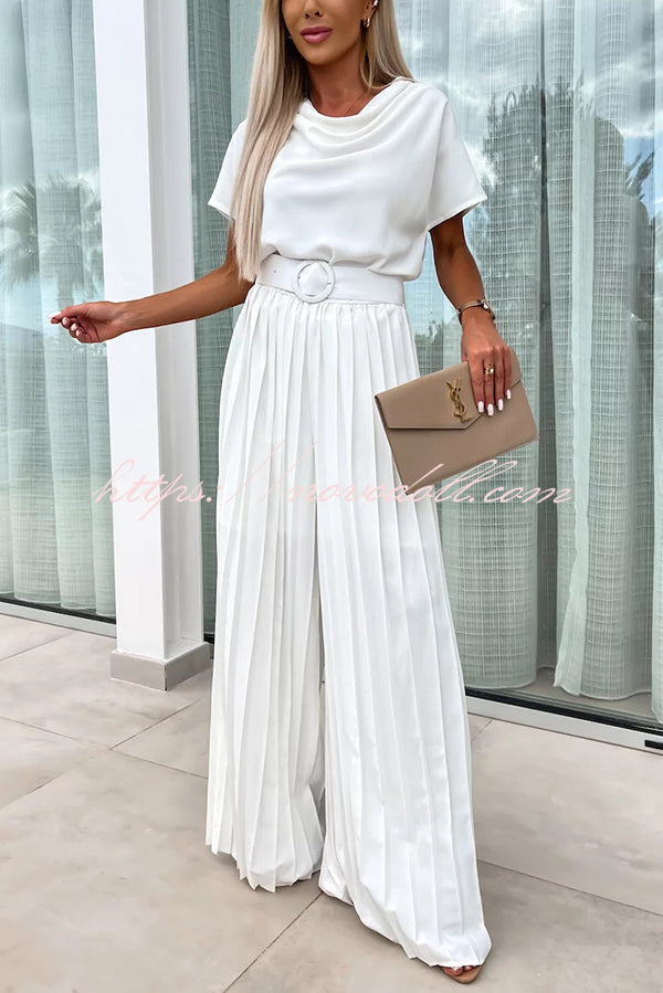 Ivy Cowl Neck Short Sleeve Belt Pleated Loose Wide Leg Jumpsuit