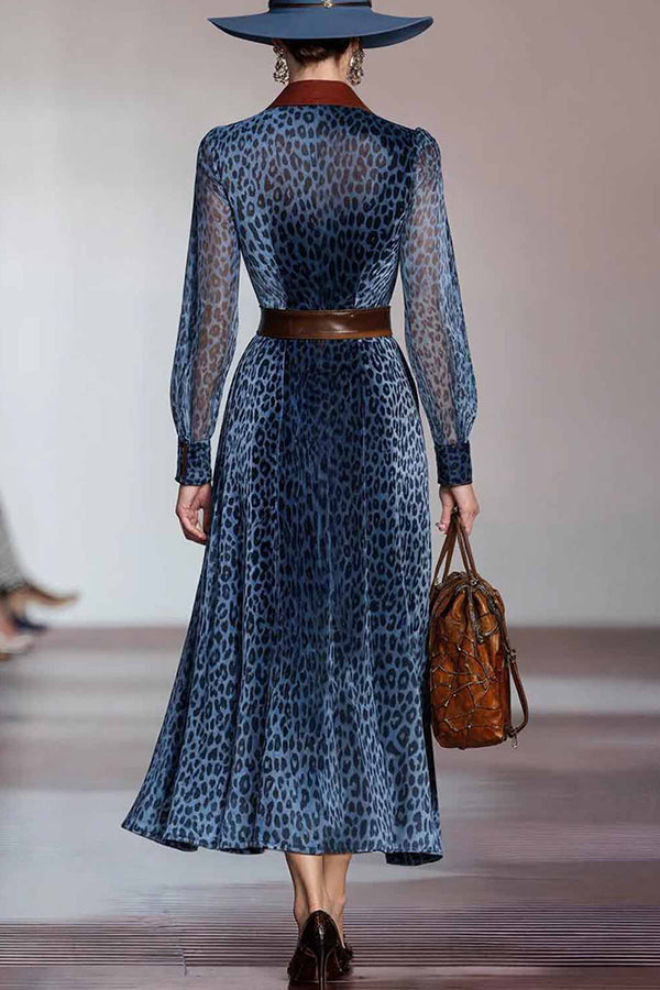 Stylish Leopard Print Long-sleeved Fitted Waist Elegant Midi Dress