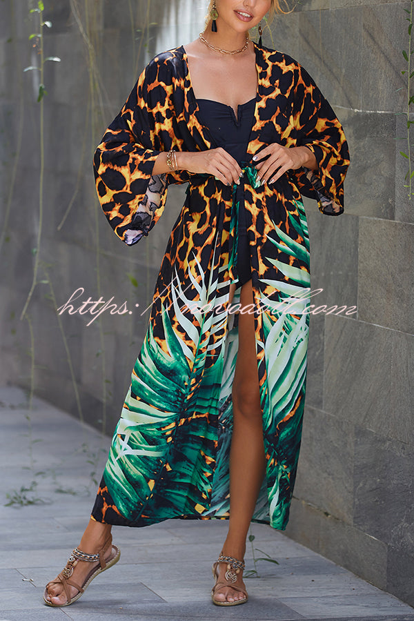 Unique Print Loose Lace Up Holiday Maxi Cover Up