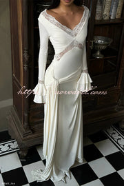 Fashion Lace Splicing Sexy V-neck Long-sleeved Slim Maxi Dress