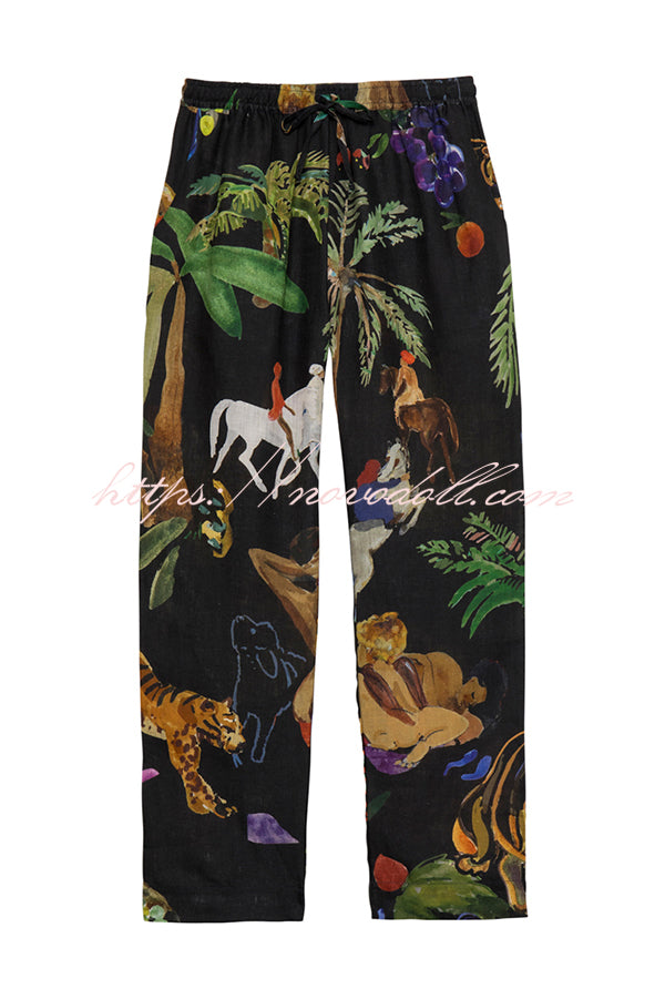Unique Print Lapel Long Sleeve Loose Shirt and Elastic Waist Pocket Wide Leg Pants Set