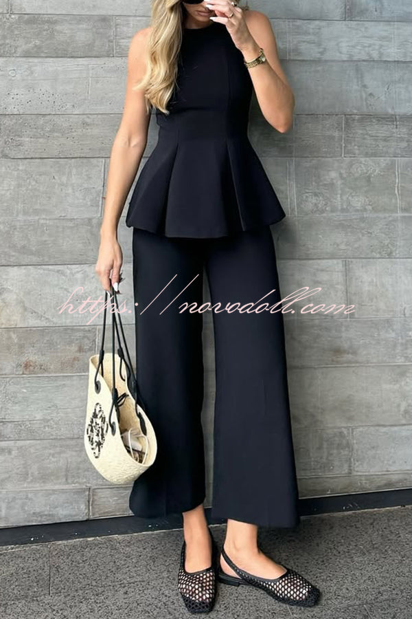 Solid Color Round Neck Sleeveless Casual Top and Loose Straight Pants Set