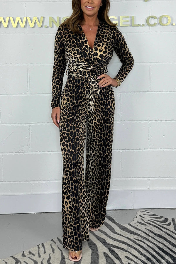 Fashion Leopard Print V-Neck Long Sleeve Lace-Up Casual Jumpsuit