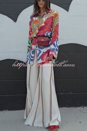 Ellah Satin Rainbow Stripe Print Drawstring Elastic Waist Pocket Wide Leg Pants