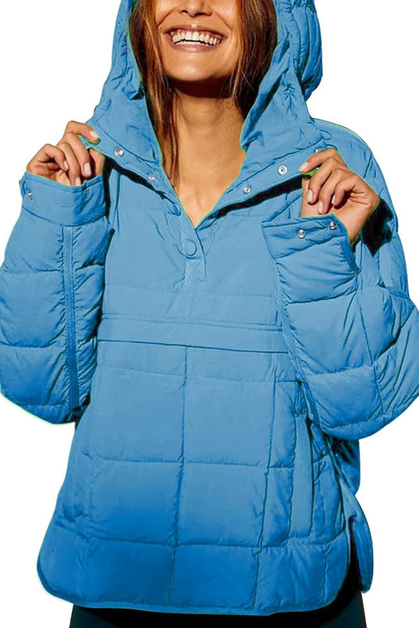 Solid Color Hooded Long-sleeved Loose Pocket Padded Top