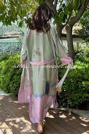 Karty Satin Unique Print Long Sleeve Belt Lapel Kimono Cover-ups