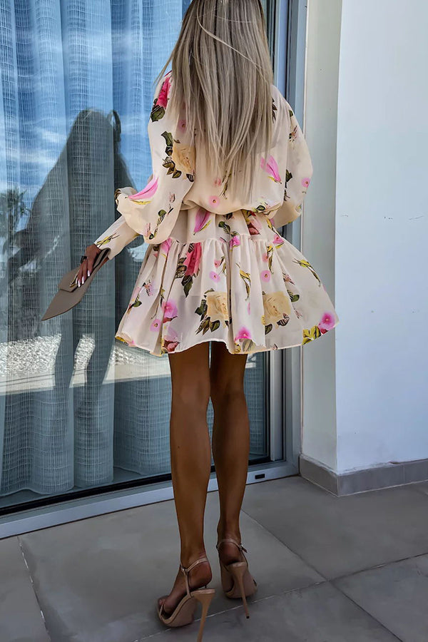 Sunset and Dreams Floral Print Subtle Tuck Lantern Sleeve Belt Mini Dress