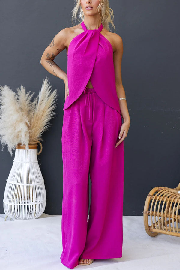 Gette Linen Blend Slit Front Top and High Rise Knoted Pocket Wide Leg Pants Set