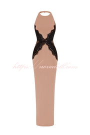 Sexy Halterneck Lace Paneled Backless Slim Maxi Dress