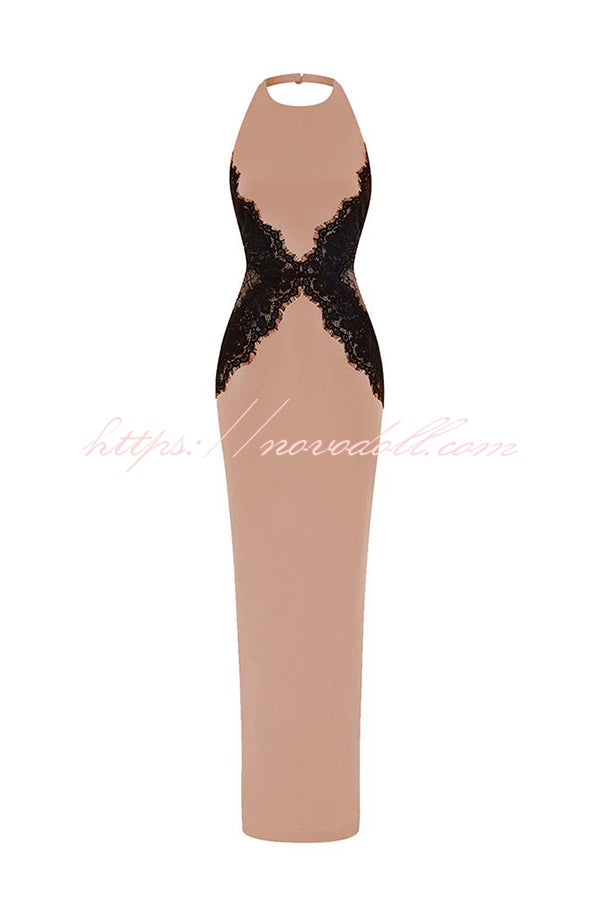 Sexy Halterneck Lace Paneled Backless Slim Maxi Dress