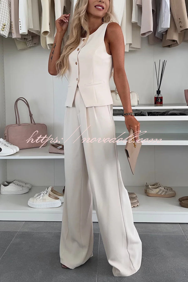 Workplace Chic Sleeveless Button Vest and Relaxed Pocket Wide Leg Pants Set