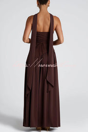 Elegant Off Shopulder Chiffon Pleated Hem Scarf Slit Maxi Dress