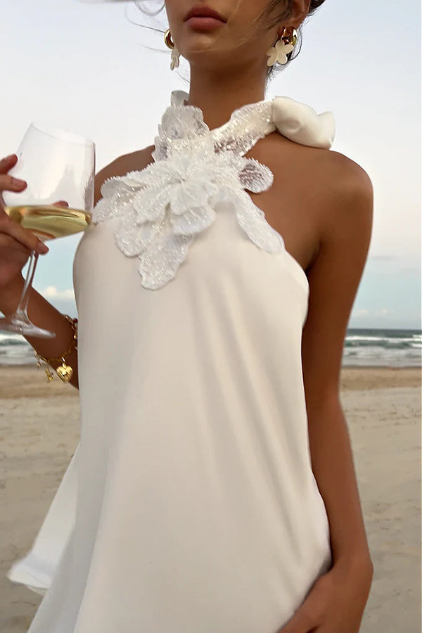 Floral Embellished Satin Halterneck Backless Resort Maxi Dress