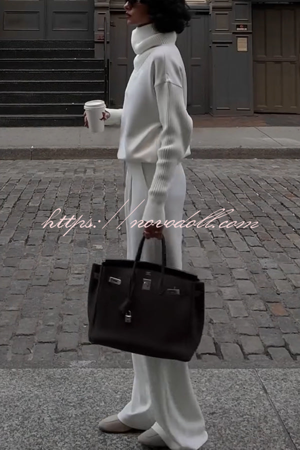 Morning Coffee Walks Ribbed Turtleneck Long Sleeve Sweatshirt and Elastic Waist Pocketed Loose Pants Set