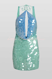 Fashion Sexy Sequined Backless Halter Neck Slim Fit Mini Dress