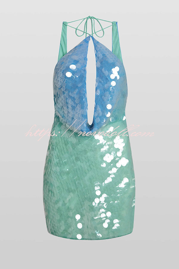 Fashion Sexy Sequined Backless Halter Neck Slim Fit Mini Dress
