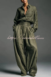 Linen Blend Lapel Long-sleeved Casual Shirt and High-waist Pocket Loose Wide-leg Pants Set
