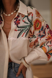 Botanical Print Loose Lapel Long Sleeve Casual Shirt
