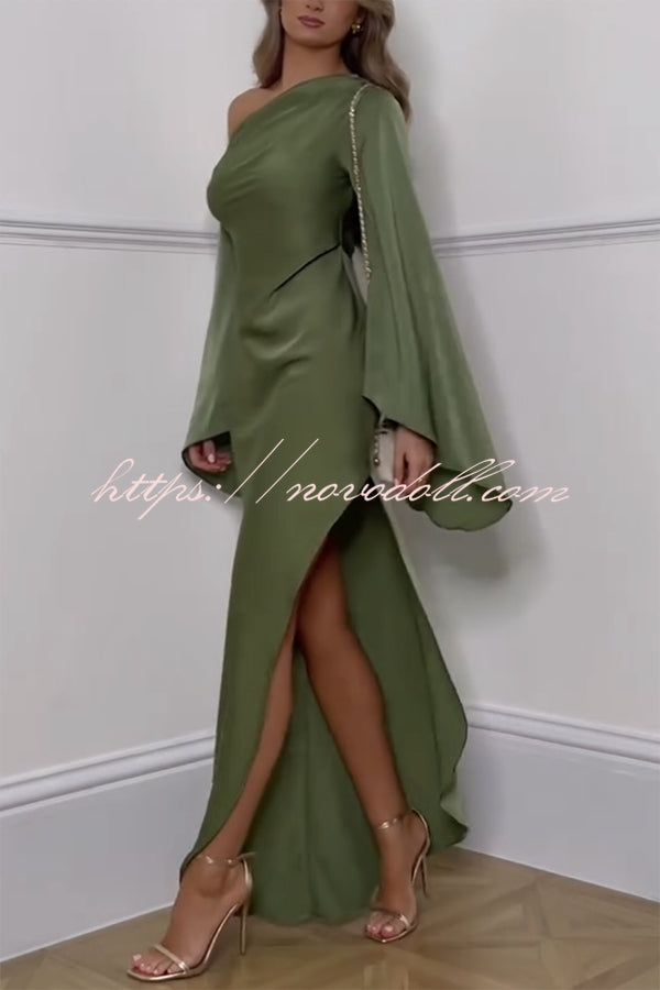 Zayla Satin Asymmetrical One Shoulder Bell Sleeve Slit Maxi Dress