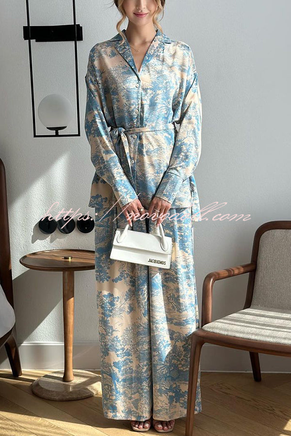 Unique Print Long-sleeved Tie Shirt and Elastic High-waist Wide-leg Pants Set