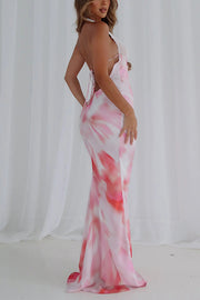 Fashion Printed Halter Neck Backless Lace-Up Sexy Slim Maxi Dress